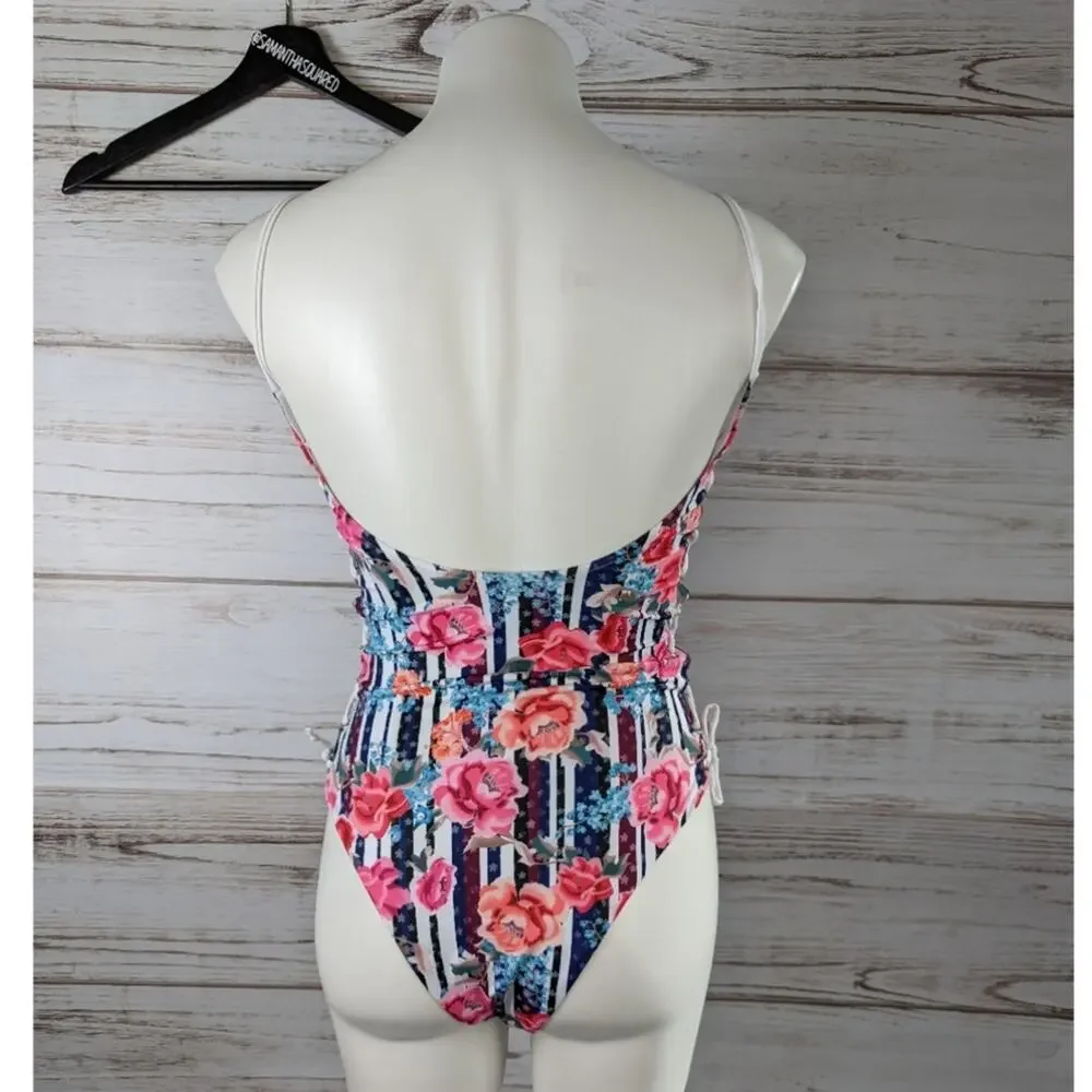 SheIn Floral Stripe Side Tie One Piece Swimsuit sz Medium